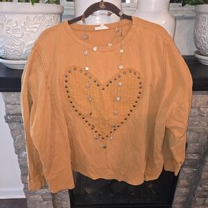Easel Warm Orange Heart-Embellished Sweatshirt